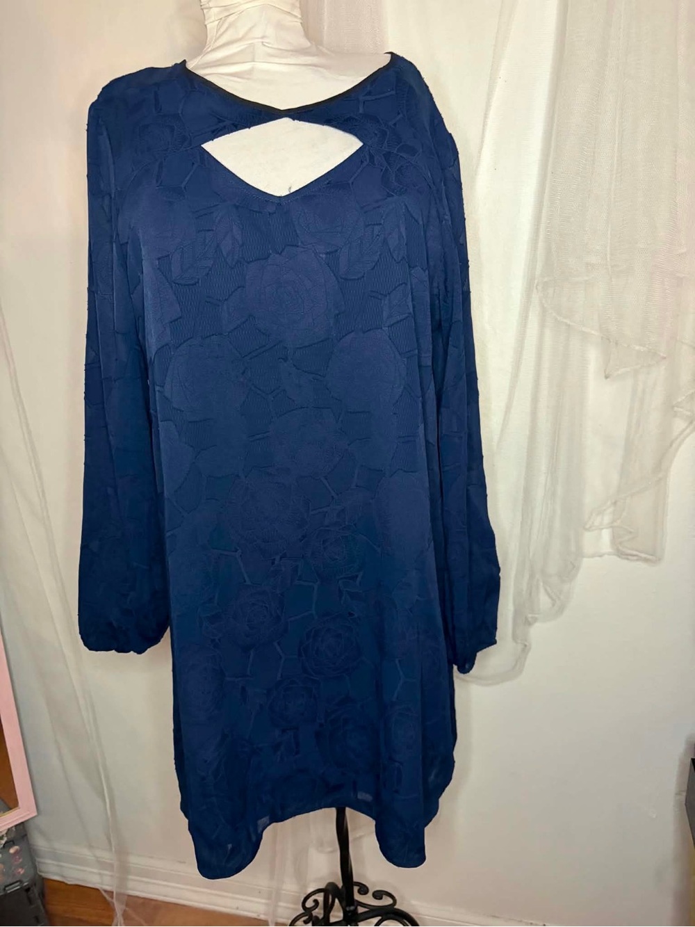 BCBG Blue Navy Floral Textured Long-Sleeve Tunic Dress Large